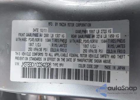 2012 Mazda Cx-9 Touring from USA, damaged, VIN JM3TB3CV1C0342326